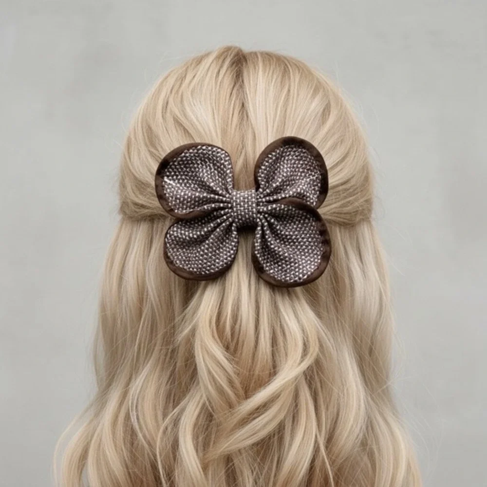 Vintage Brown White Woven Burlap Style Texture‎ Double-loop Bow Hair Barrette